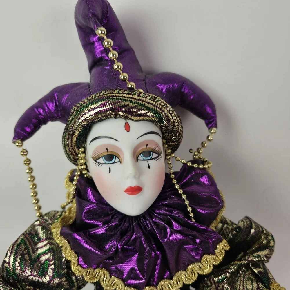 Vintage Harlequin Jester Porcelain Doll Mardi Gras Purple Gold Grand Casino